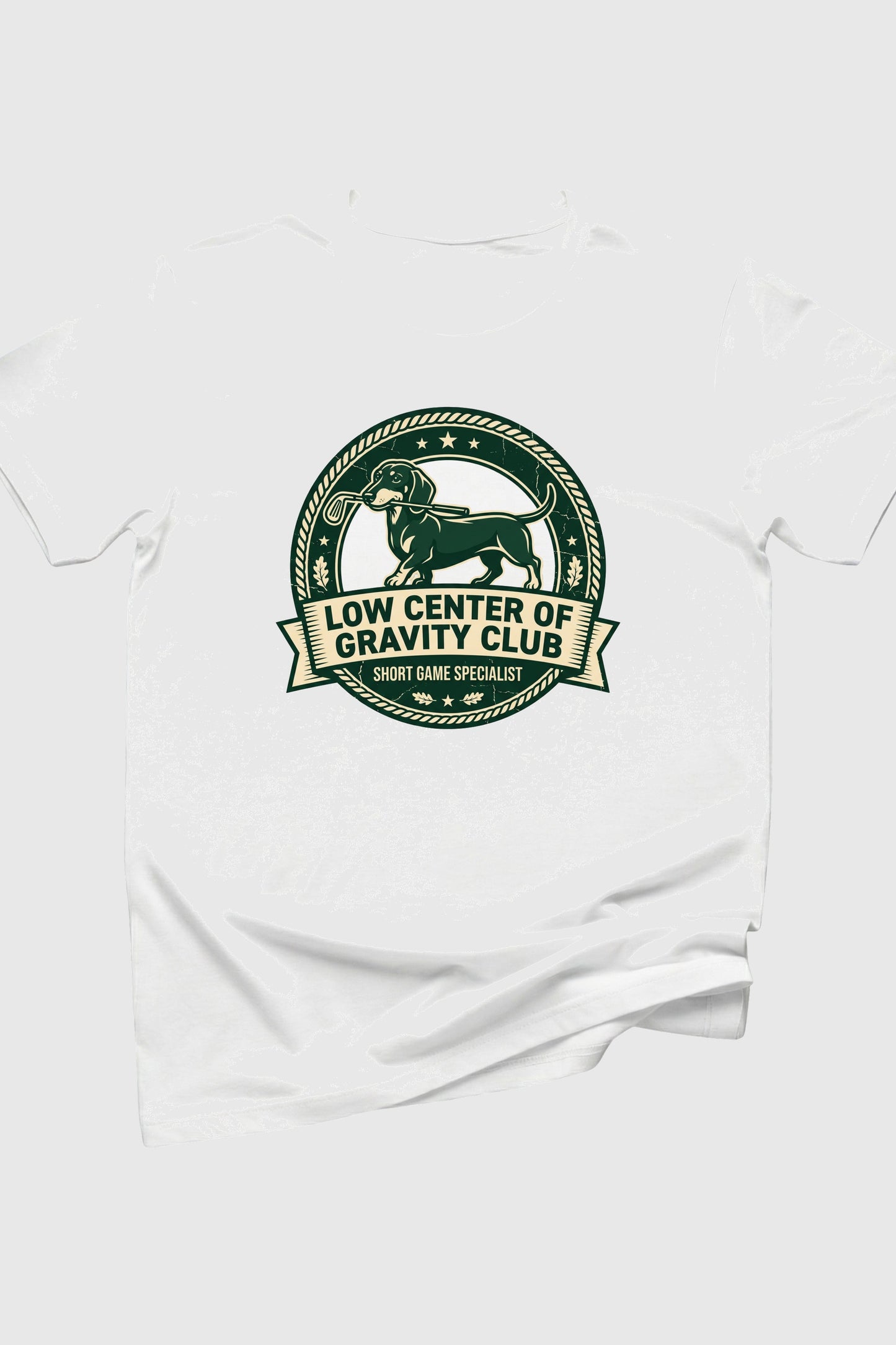White t-shirt with green logo and text on a white background