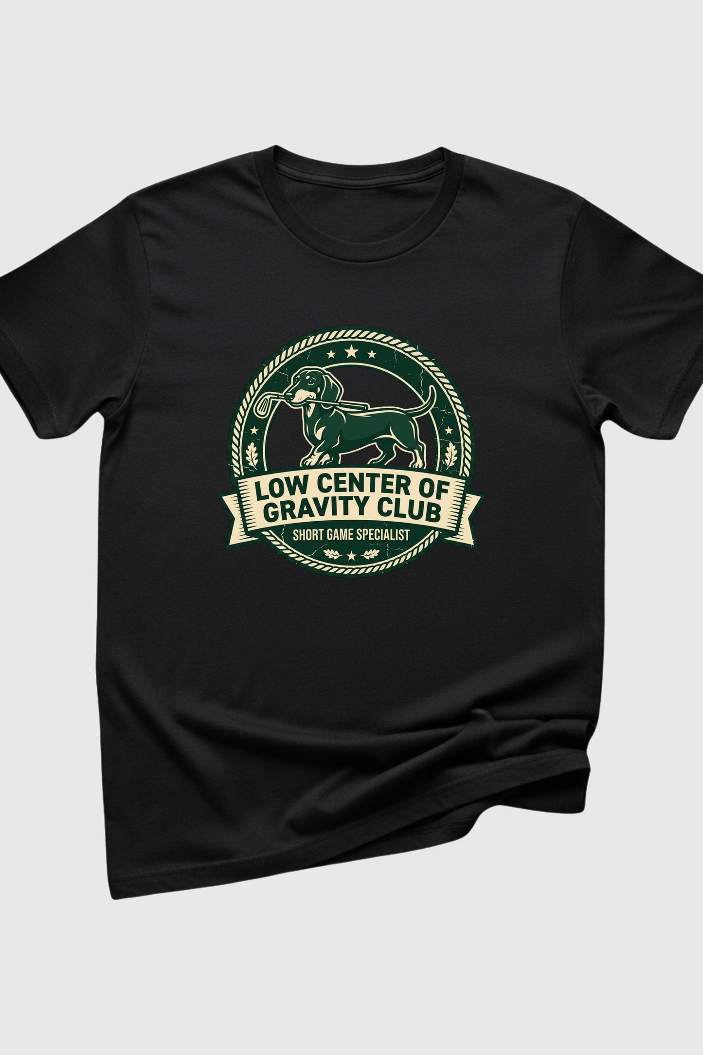 Black t-shirt with Low Center of Gravity dachshund golf print, unisex crew neck