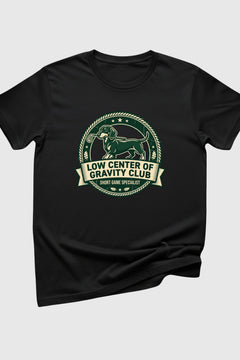 Black t-shirt with Low Center of Gravity dachshund golf print, unisex crew neck