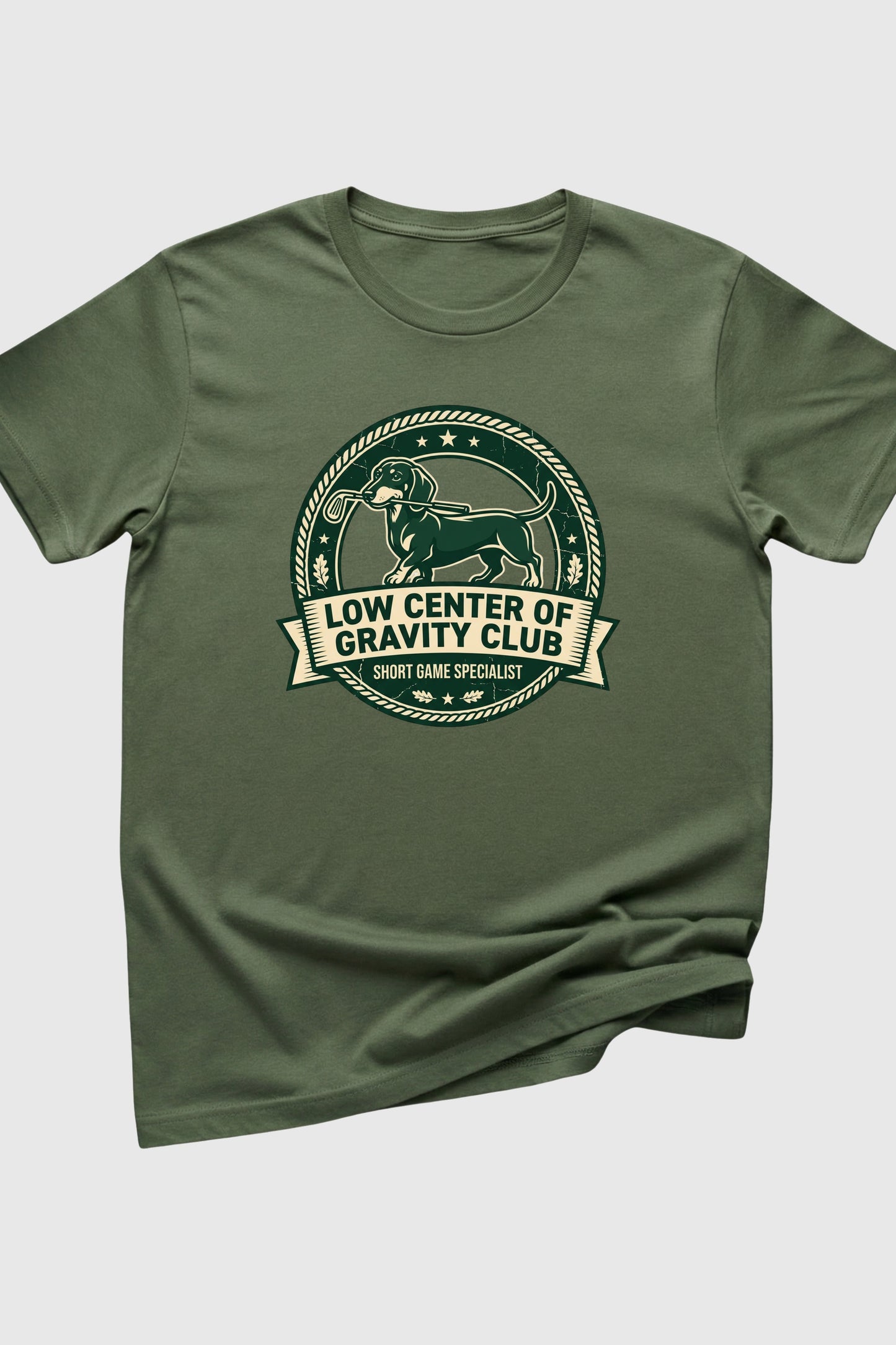 Woman wearing black Low Center of Gravity dachshund golf t-shirt