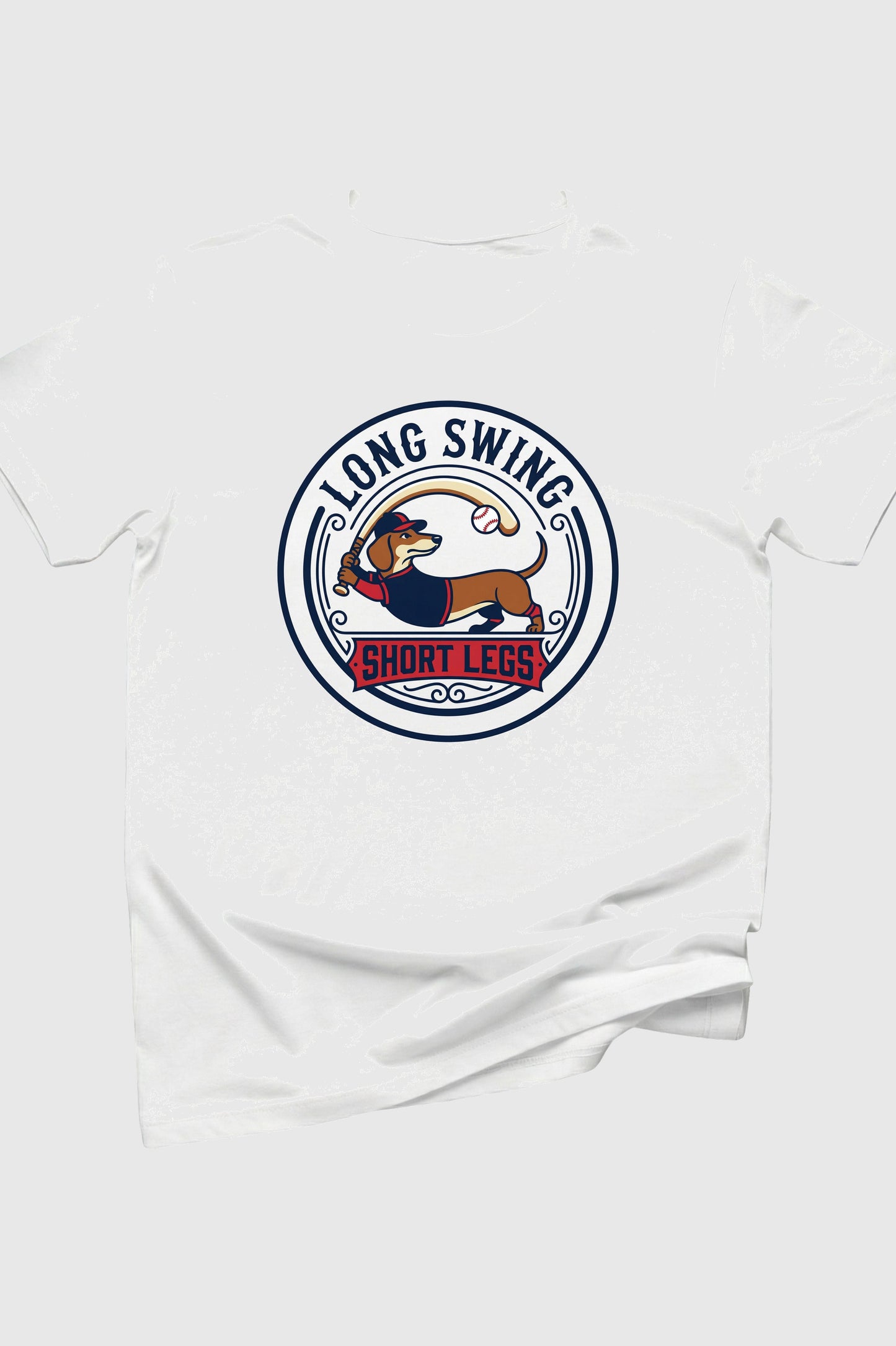 White t-shirt with a dog graphic and 'Long Swing Short Legs' text on a white background