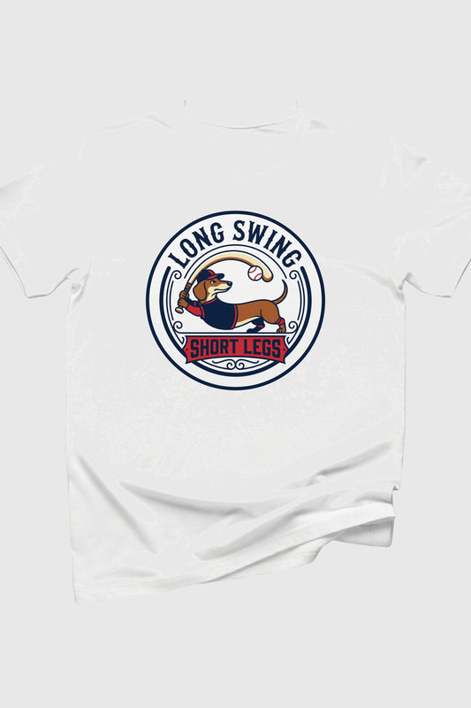 White t-shirt with a dog graphic and 'Long Swing Short Legs' text on a white background