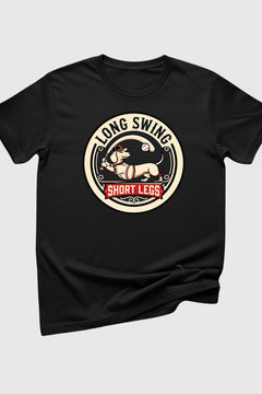 Black t-shirt with a graphic design featuring a dog and text on a light gray background