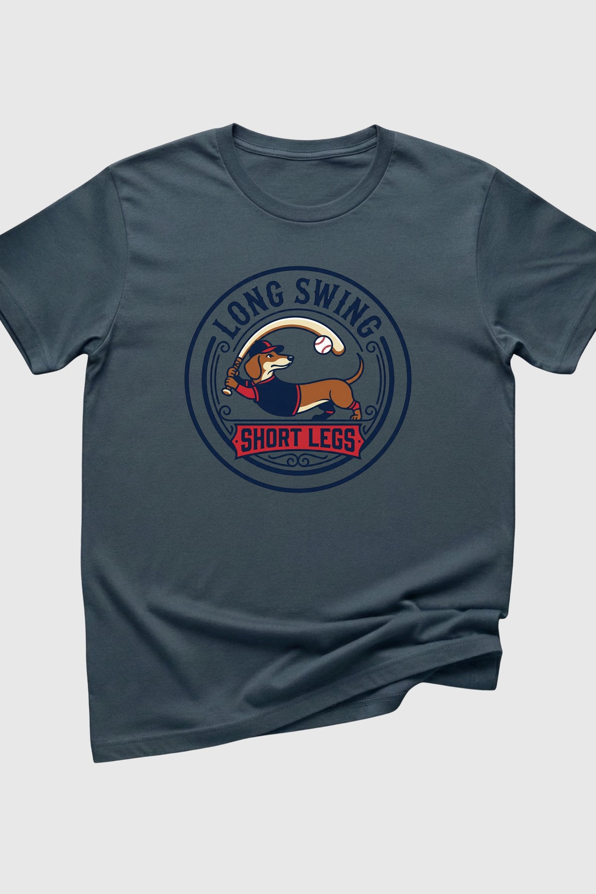 Gray t-shirt with a graphic design featuring a dog and text on a white background