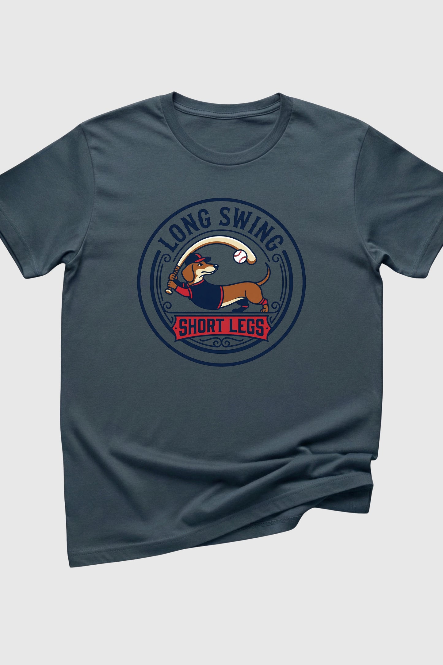 Gray t-shirt with a graphic design featuring a dog and text on a white background