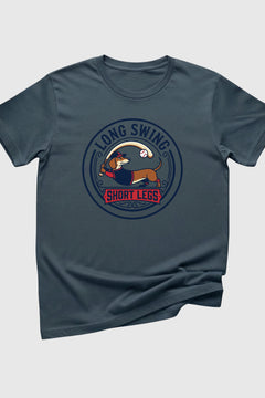 Gray t-shirt with a graphic design featuring a dog and text on a white background
