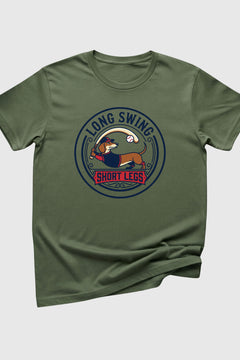 Green t-shirt with a graphic design of a dog and text on a white background