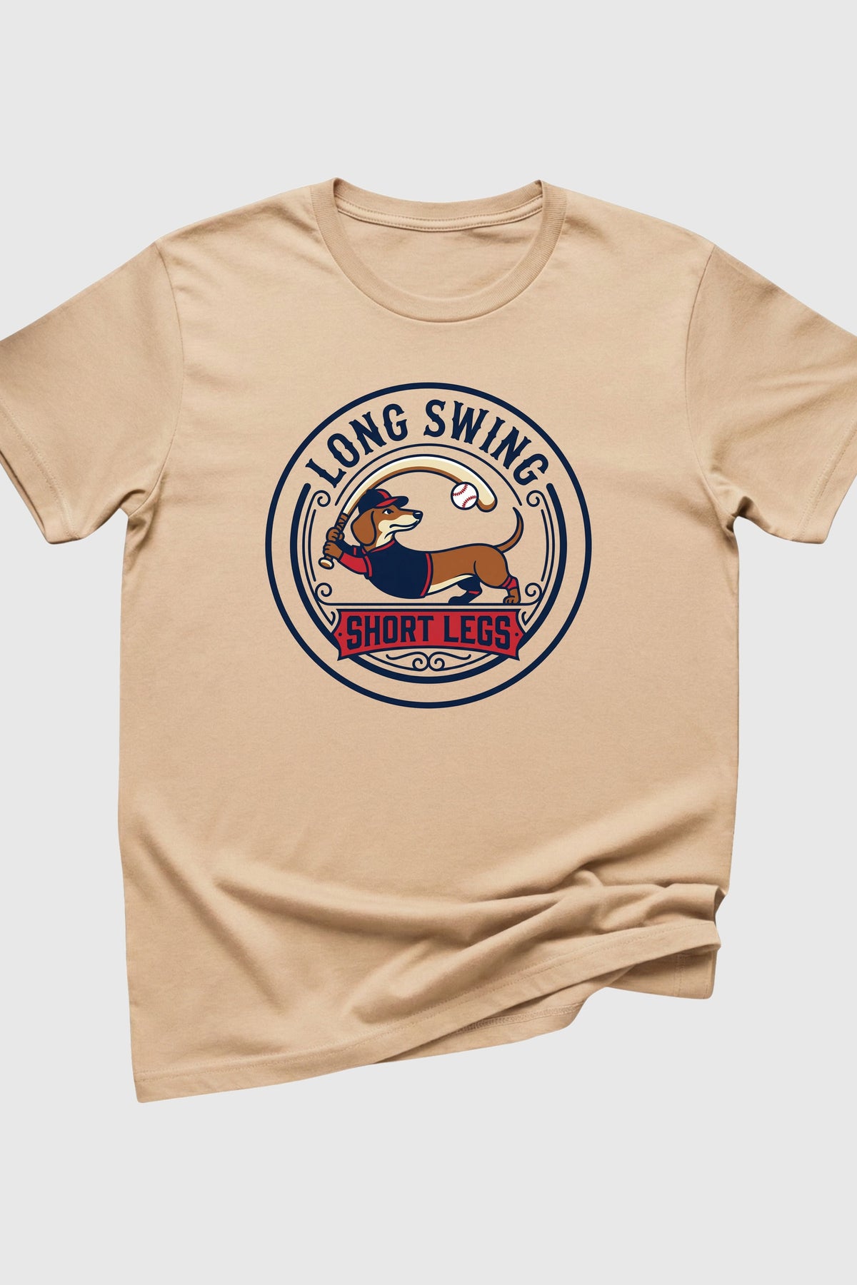 Beige t-shirt with a graphic design of a dog and text on a white background
