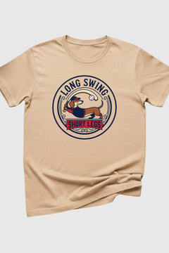Beige t-shirt with a graphic design of a dog and text on a white background