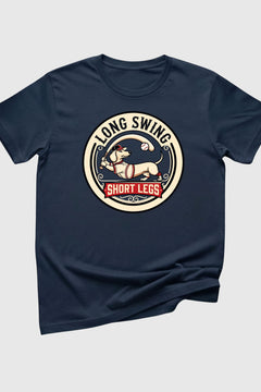 Navy blue t-shirt with a graphic design featuring a dog and text on a light gray background
