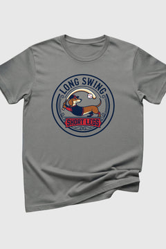 Gray t-shirt with a dog graphic and text on a white background