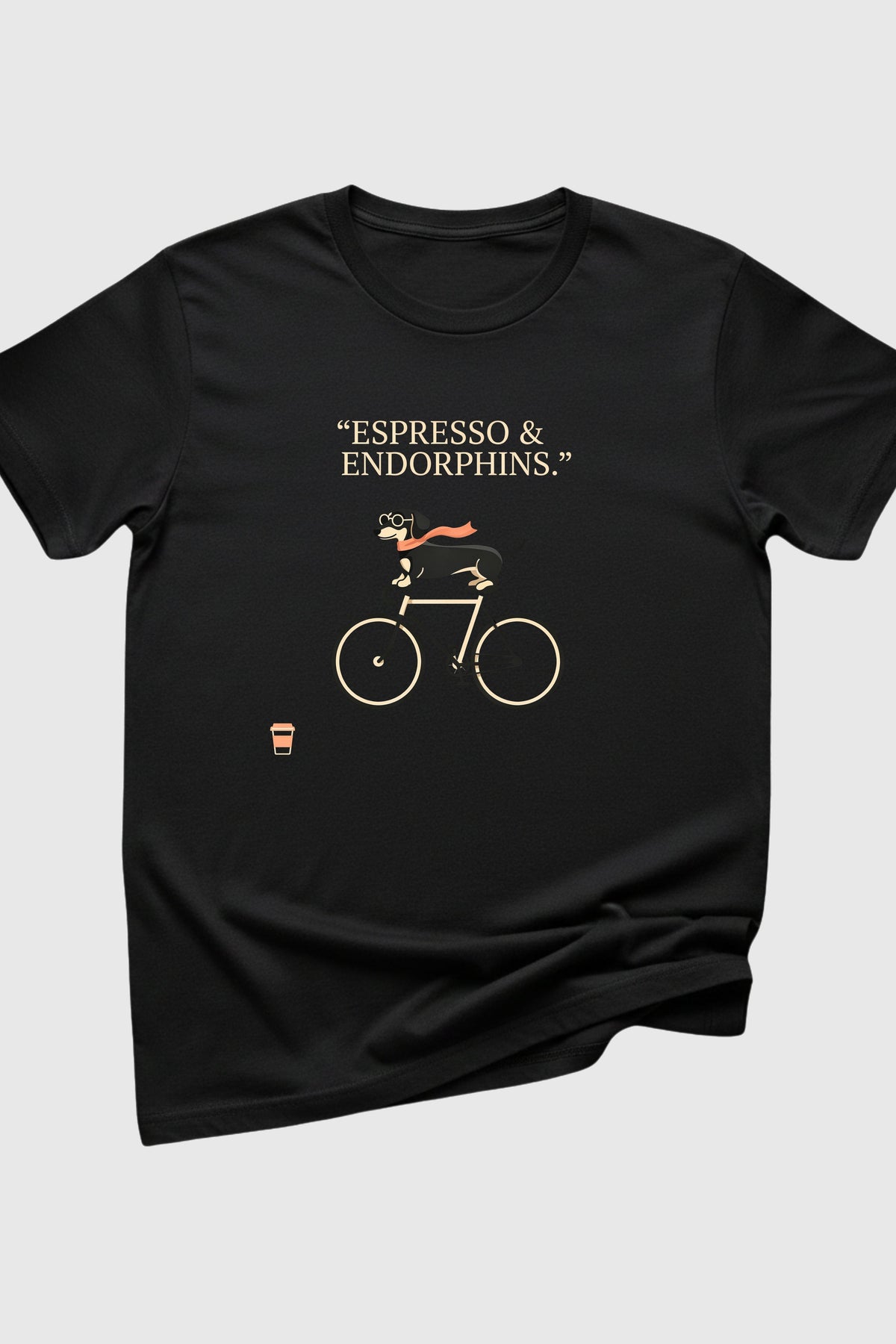 Dachshund on bicycle coffee print close-up on white t-shirt