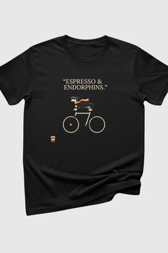 Dachshund on bicycle coffee print close-up on white t-shirt