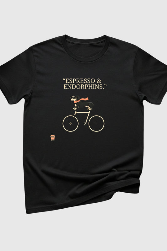 Dachshund on bicycle coffee print close-up on white t-shirt
