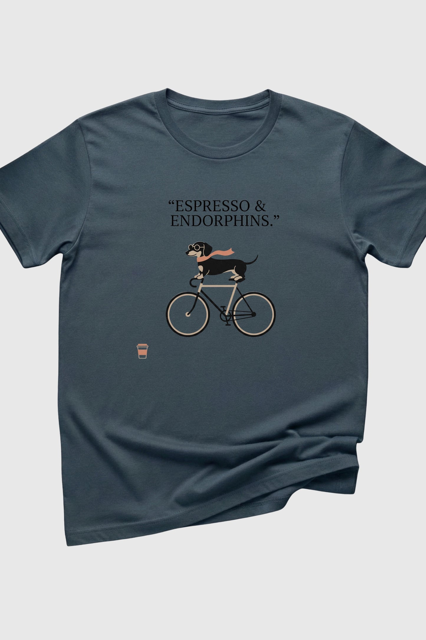 Black t-shirt with dachshund on bicycle coffee print, unisex crew neck