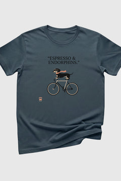 Black t-shirt with dachshund on bicycle coffee print, unisex crew neck