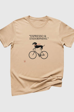 Man wearing black t-shirt with dachshund on bicycle print