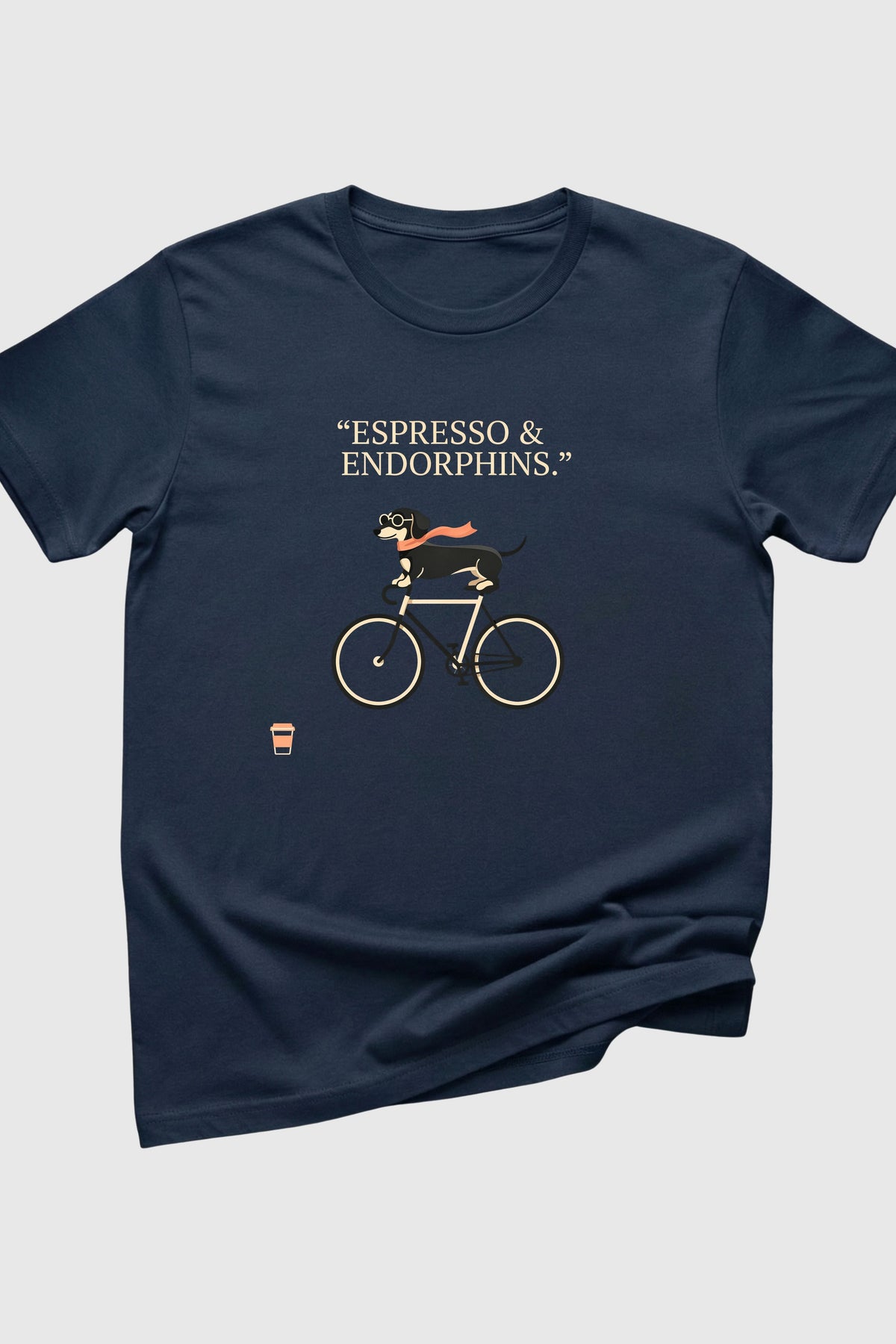 Dachshund on bicycle coffee print close-up on black t-shirt