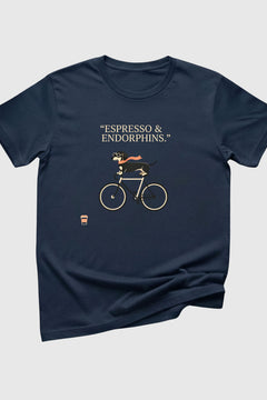 Dachshund on bicycle coffee print close-up on black t-shirt