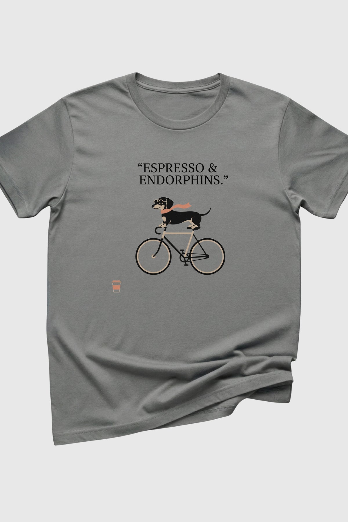 Heather gray t-shirt with dachshund on bicycle coffee print, unisex crew neck