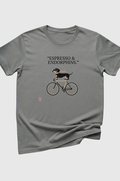 Heather gray t-shirt with dachshund on bicycle coffee print, unisex crew neck
