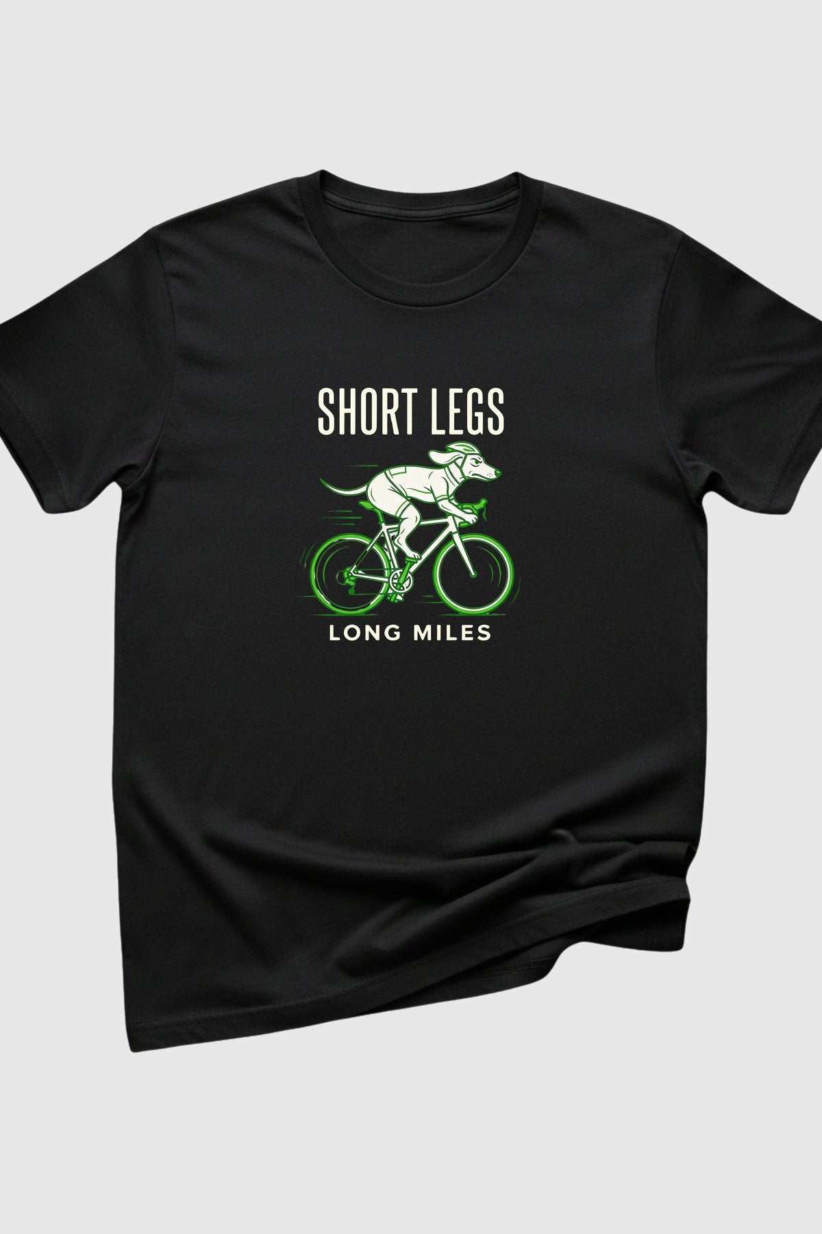 Short Legs Long Miles dachshund cycling print close-up on white t-shirt