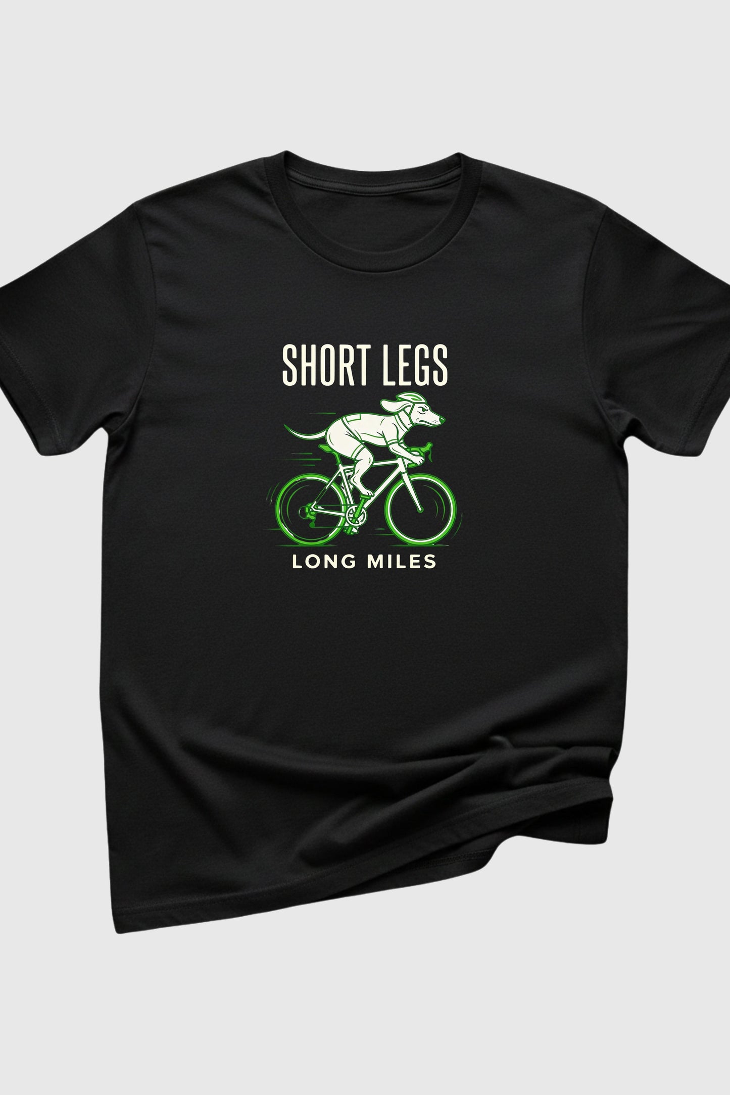 Short Legs Long Miles dachshund cycling print close-up on white t-shirt