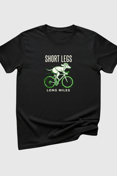 Short Legs Long Miles dachshund cycling print close-up on white t-shirt