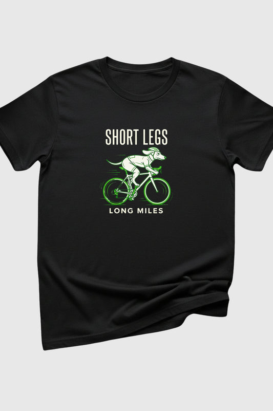 Short Legs Long Miles dachshund cycling print close-up on white t-shirt