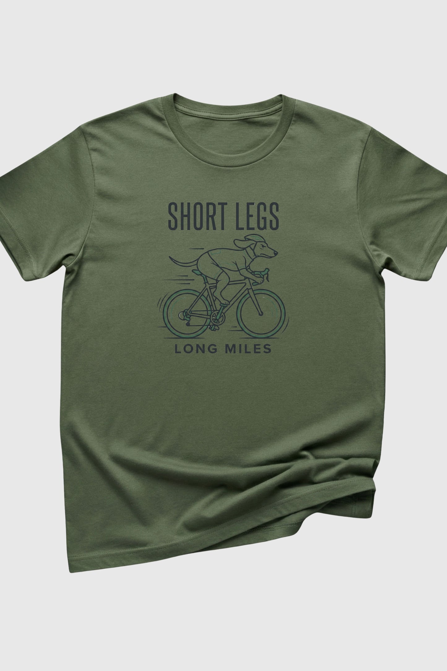 Black t-shirt with Short Legs Long Miles dachshund cycling print, unisex crew neck