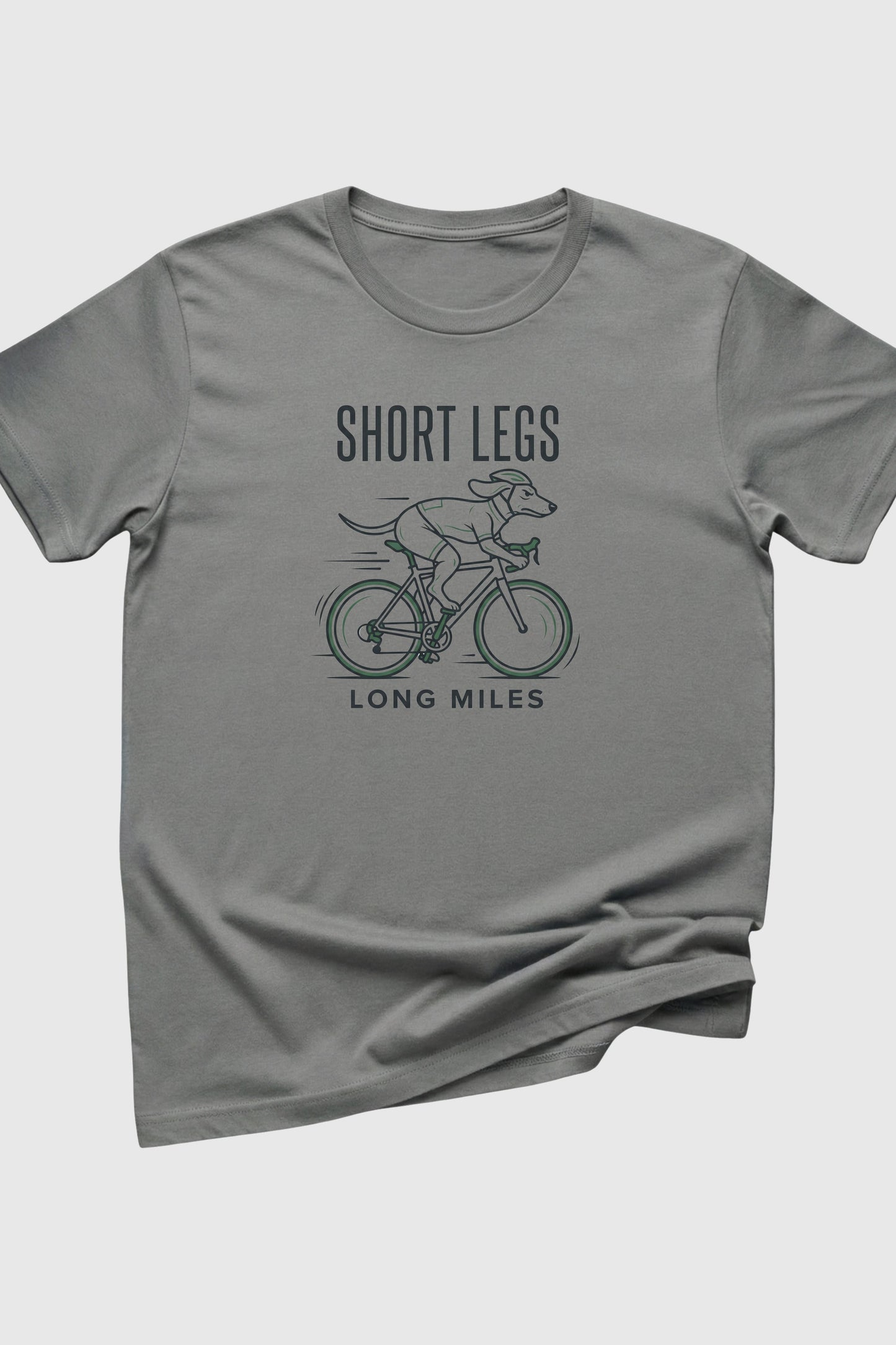 Short Legs Long Miles print close-up on black t-shirt