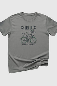 Short Legs Long Miles print close-up on black t-shirt