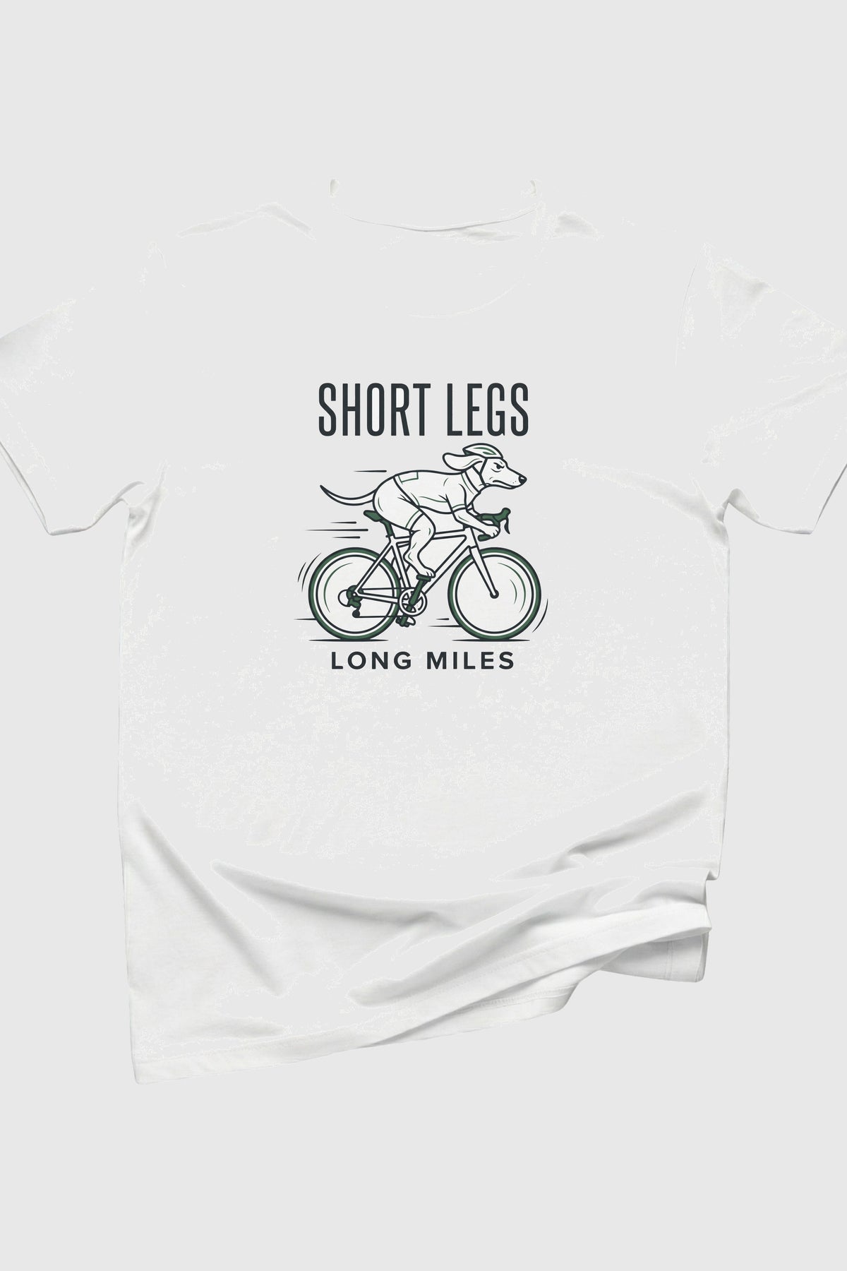Heather gray t-shirt with Short Legs Long Miles dachshund cycling print, unisex crew neck