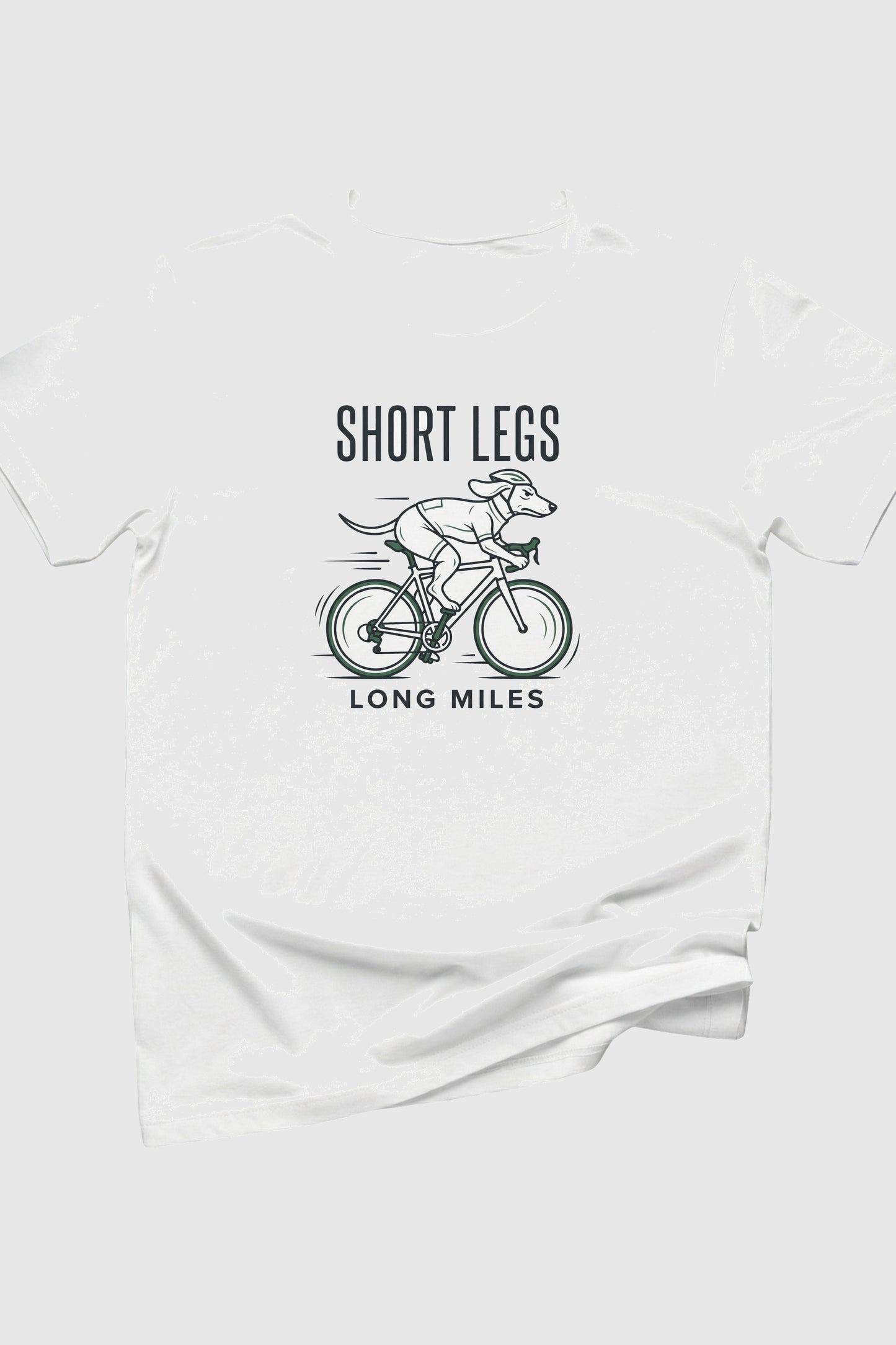Heather gray t-shirt with Short Legs Long Miles dachshund cycling print, unisex crew neck