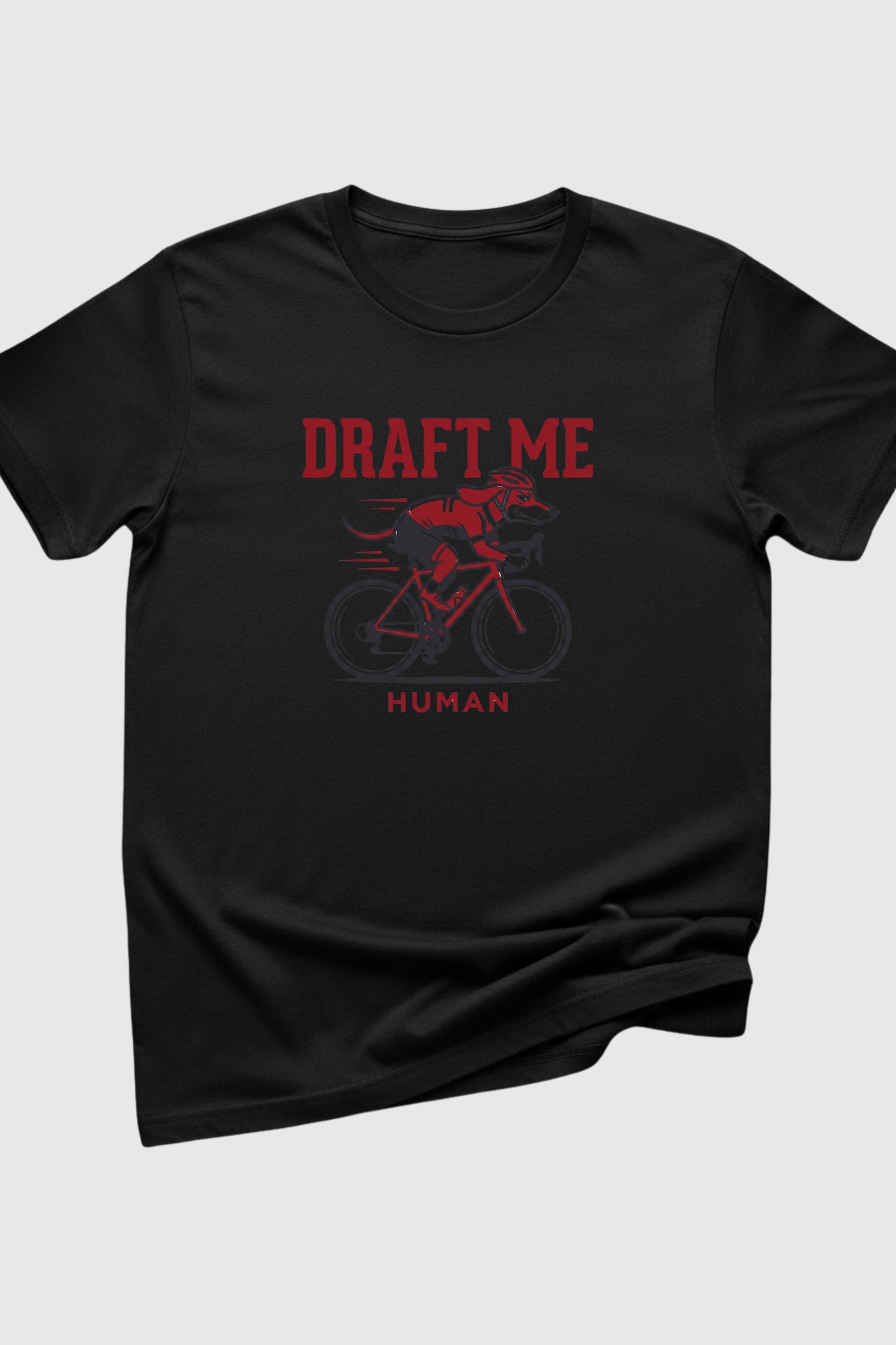 Black t-shirt with red graphic and text 'Draft Me Human' on a light gray background