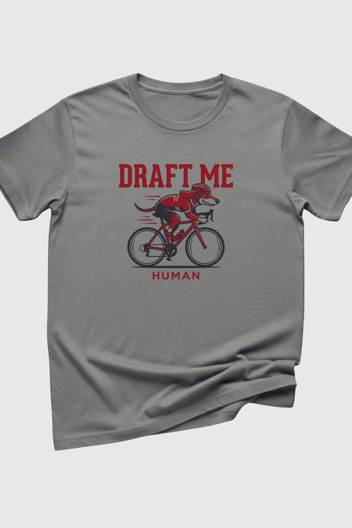 Black t-shirt with Draft Me Human dachshund cycling print, unisex crew neck
