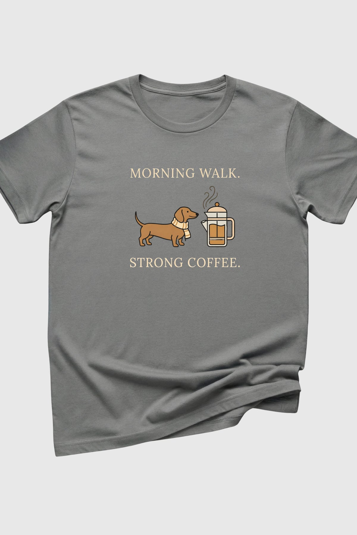 Gray t-shirt with a graphic of a dachshund and coffee cup on a white background
