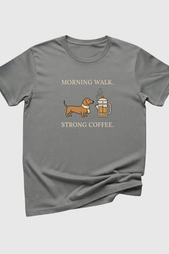 Gray t-shirt with a graphic of a dachshund and coffee cup on a white background