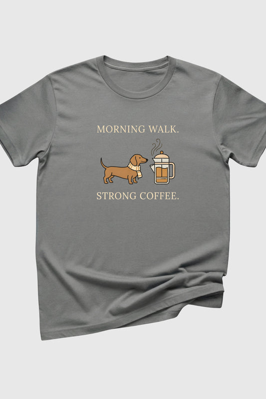 Gray t-shirt with a graphic of a dachshund and coffee cup on a white background