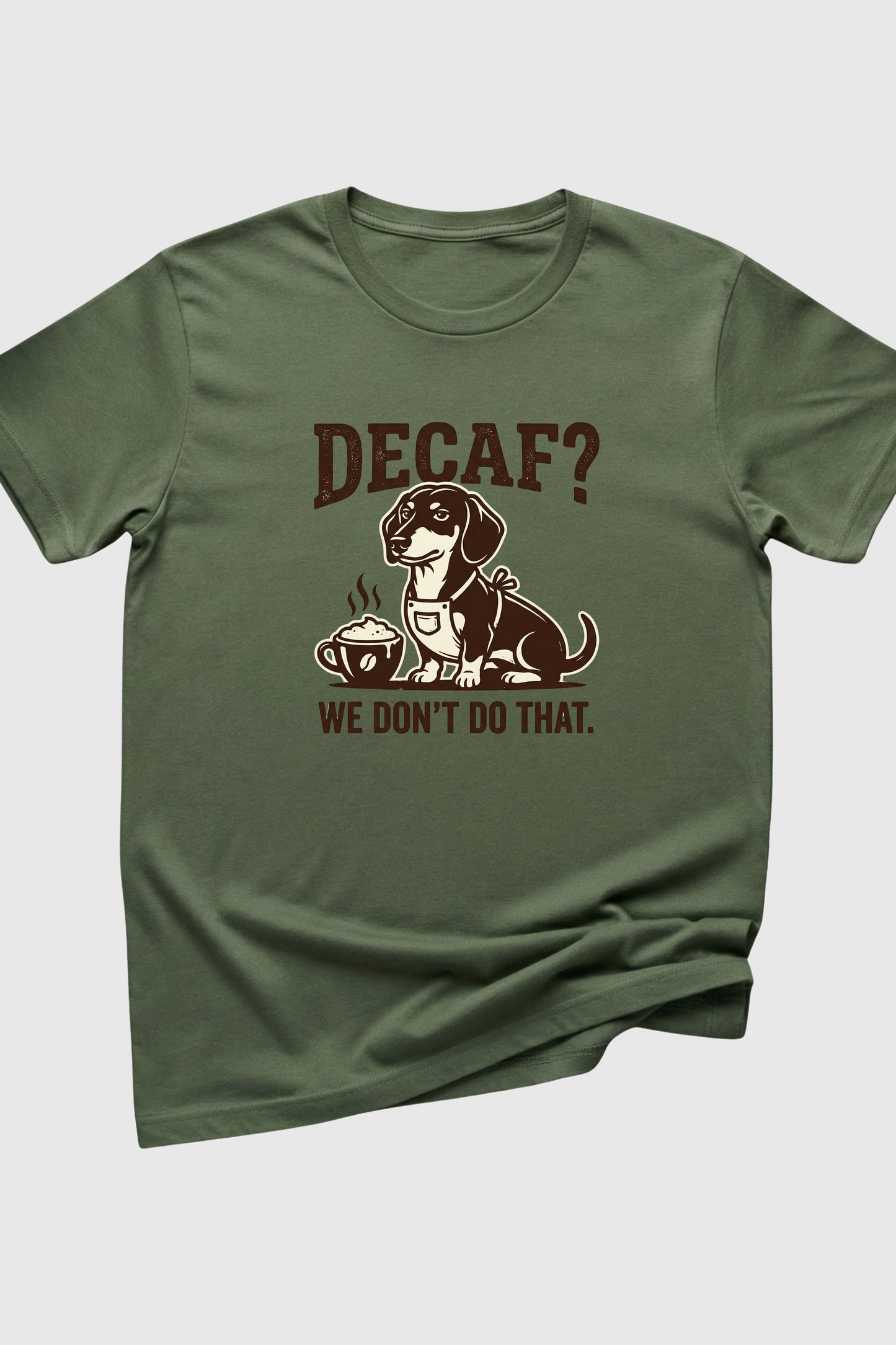 Heather gray t-shirt with Decaf We Don't Do That dachshund coffee print, unisex crew neck