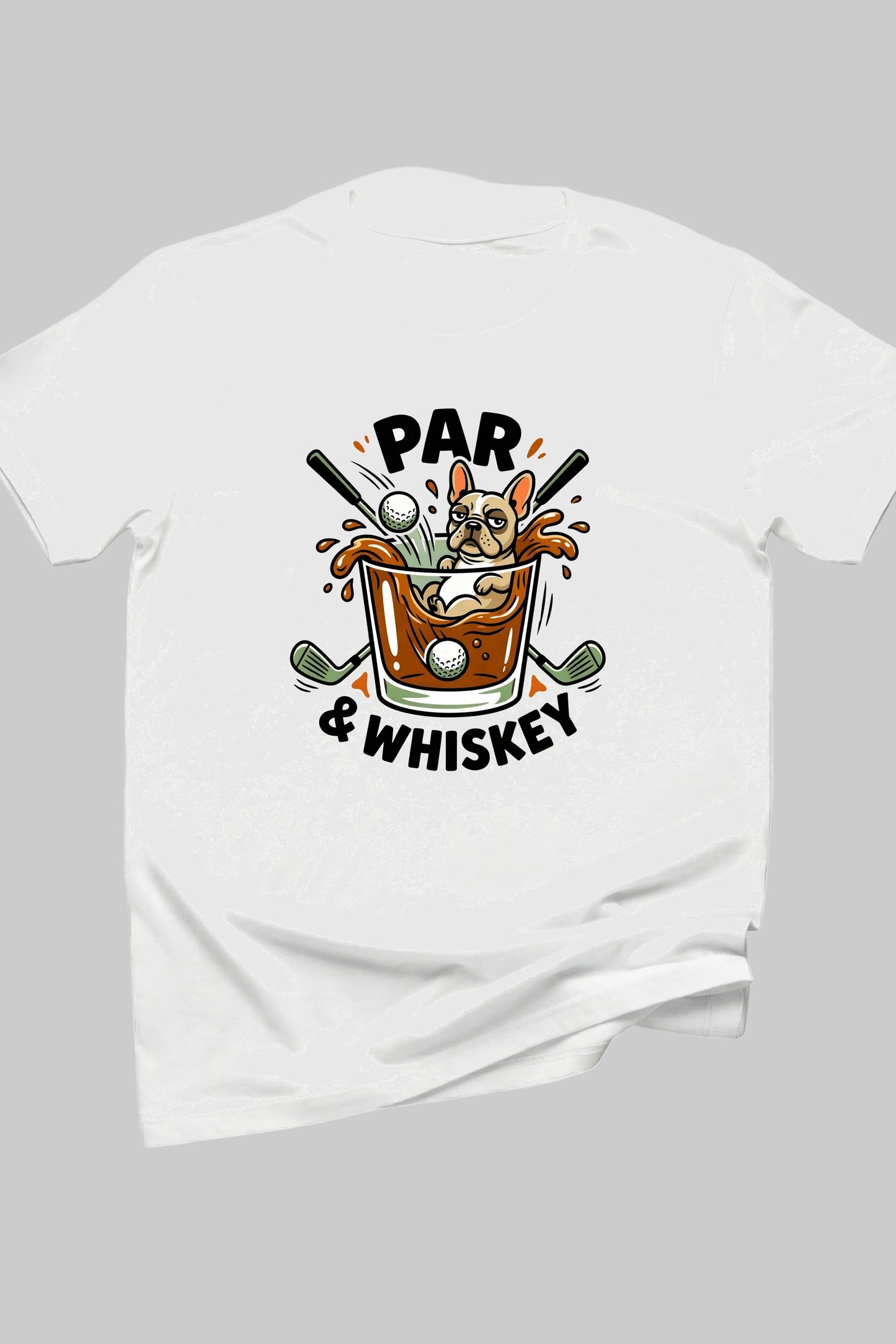 White shirt with a graphic design of a glass of whiskey, golf clubs, and text 'Par & Whiskey' on a white background.