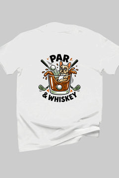 White shirt with a graphic design of a glass of whiskey, golf clubs, and text 'Par & Whiskey' on a white background.