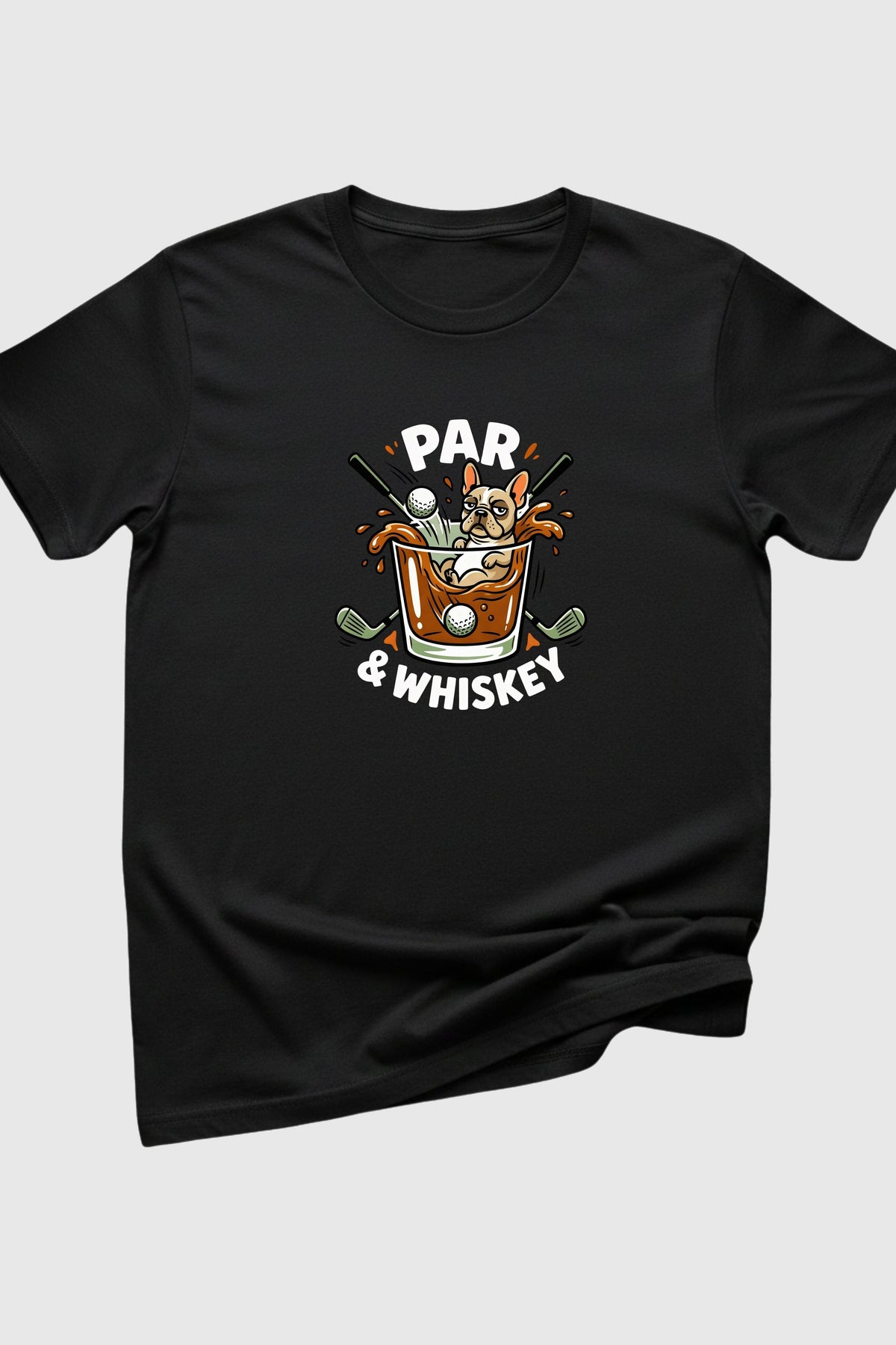 Heather gray t-shirt with pug golf par and whiskey print, unisex crew neck