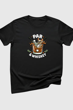 Heather gray t-shirt with pug golf par and whiskey print, unisex crew neck