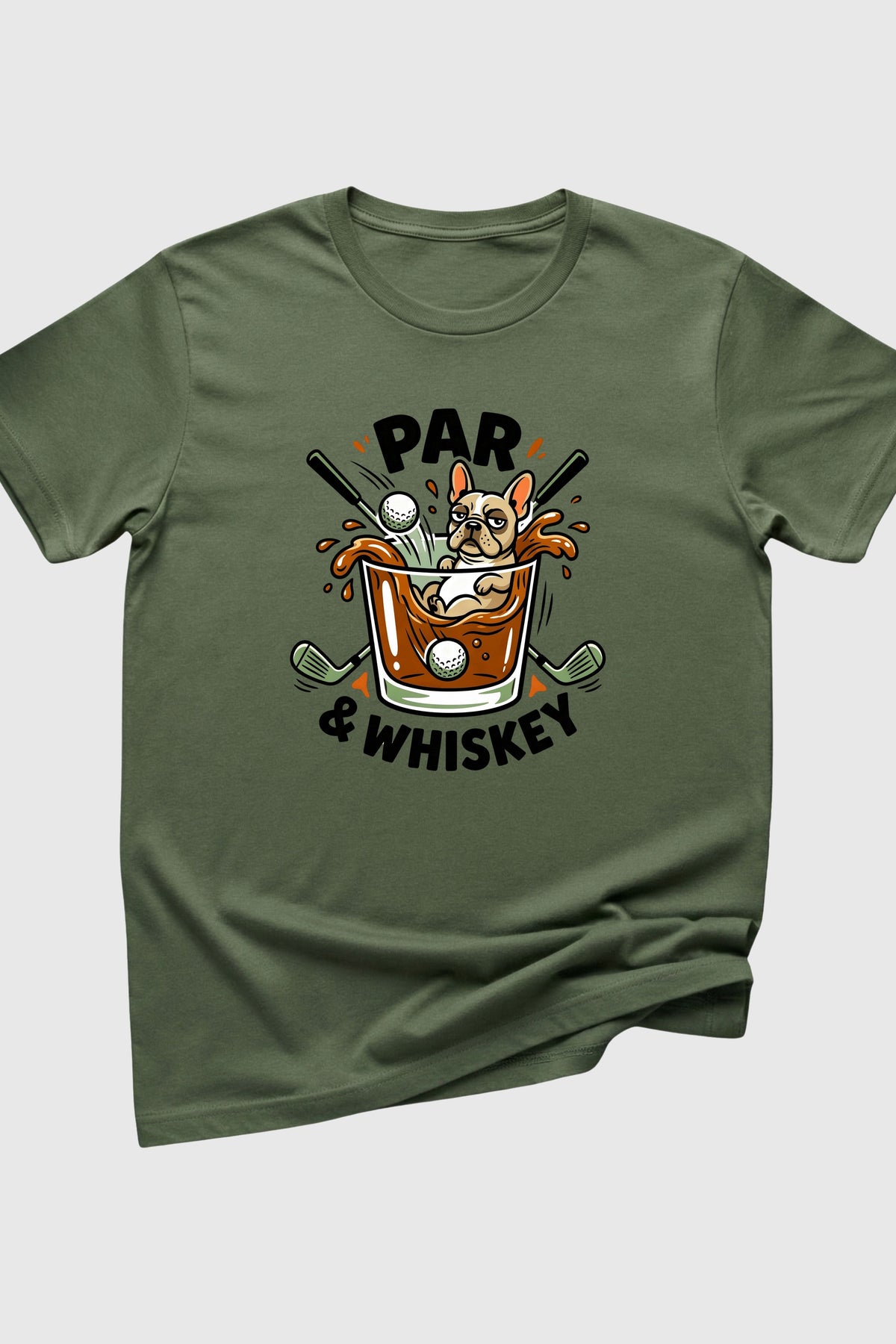 Pug golf Par and Whiskey print close-up on white t-shirt