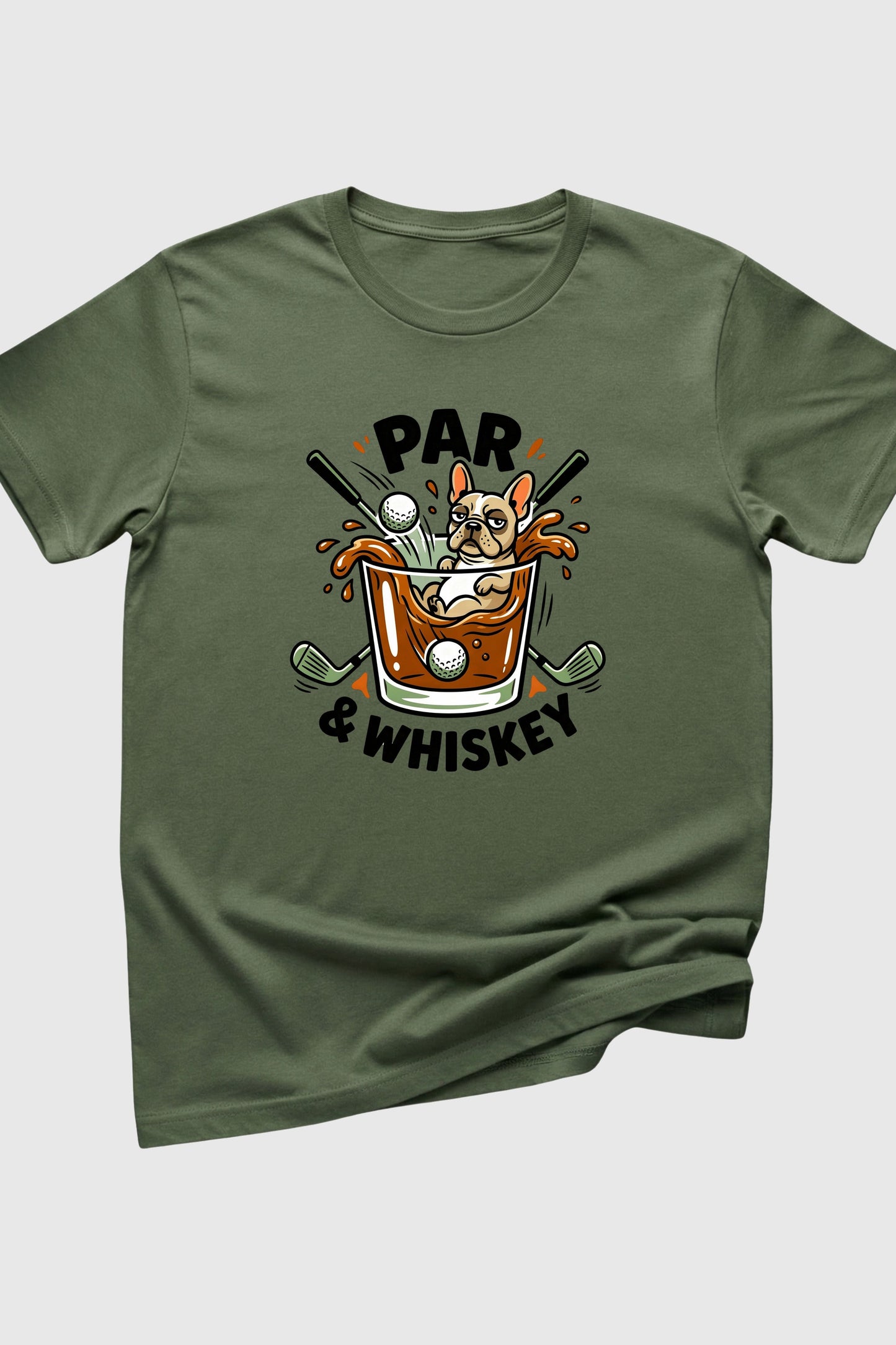 Pug golf Par and Whiskey print close-up on white t-shirt