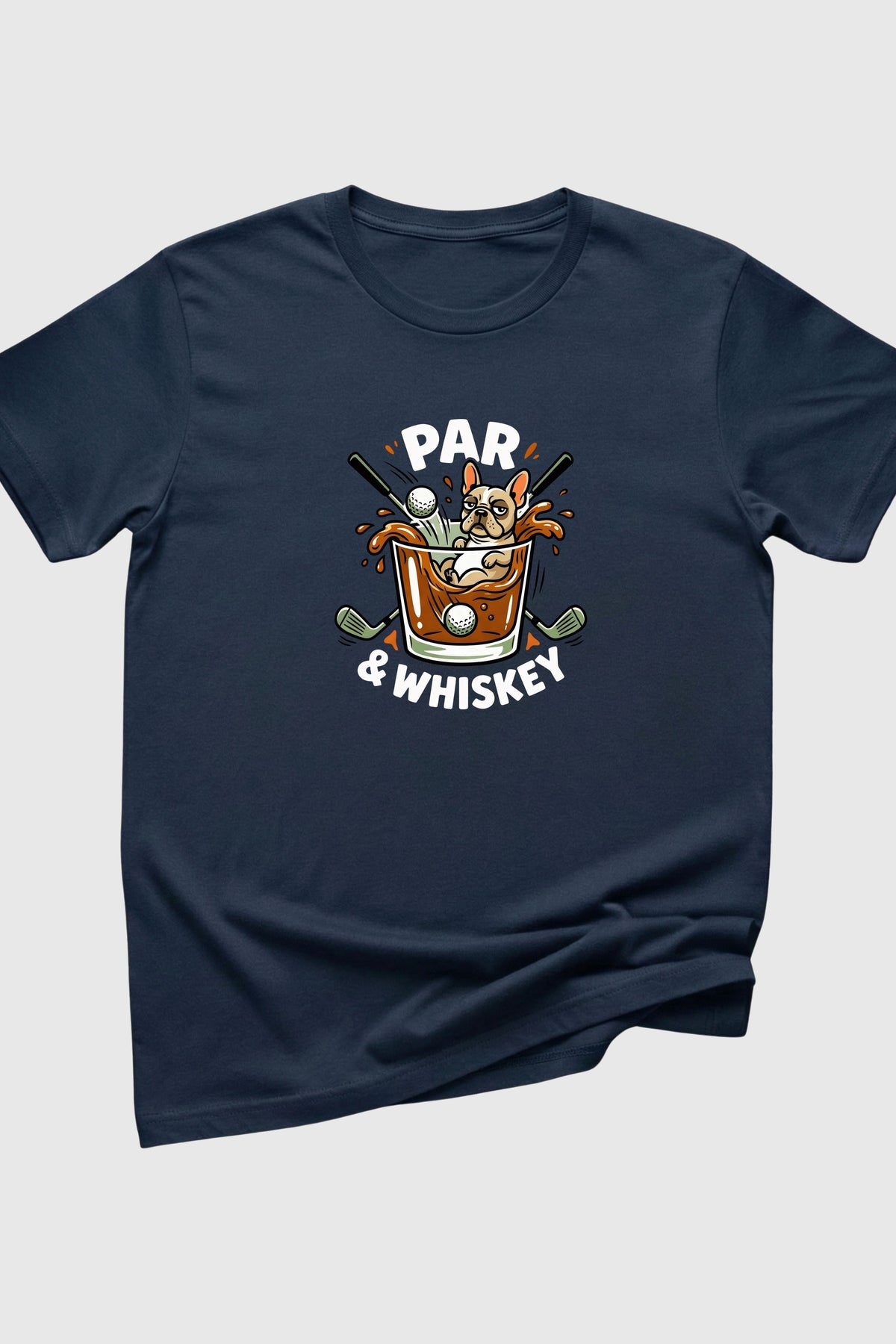 Navy blue t-shirt with a graphic of a dog in a glass of whiskey and text 'PAR & WHISKEY' on a light gray background.