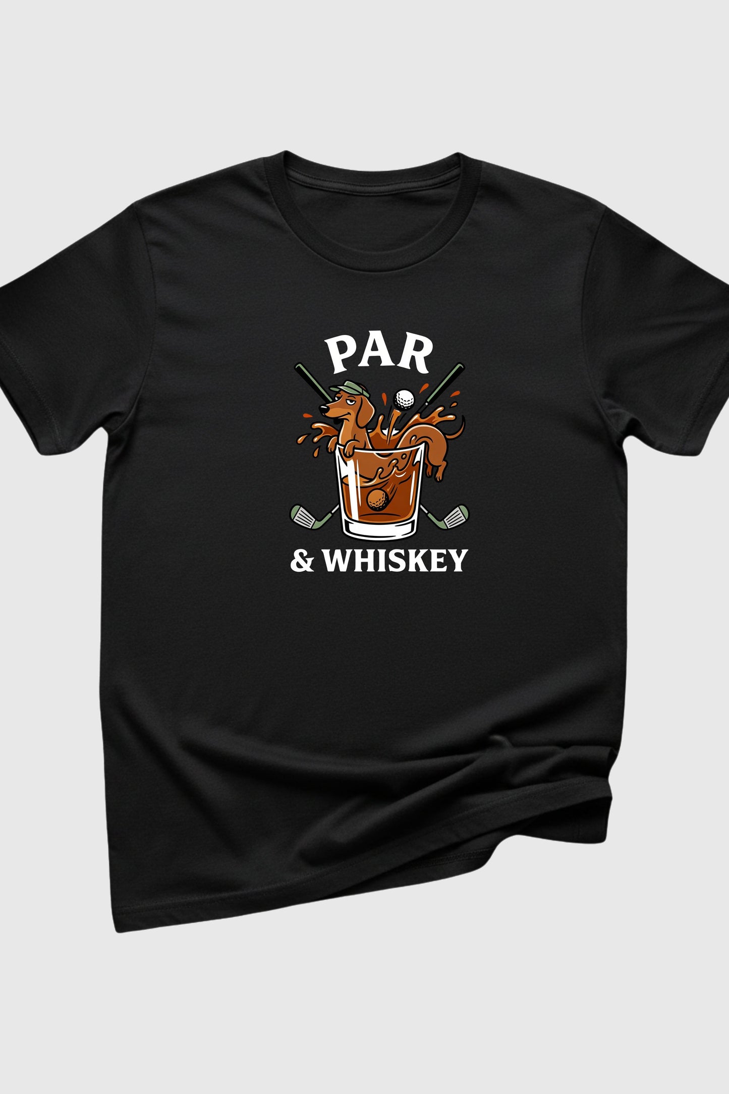 Dachshund golf par and whiskey print close-up on white t-shirt