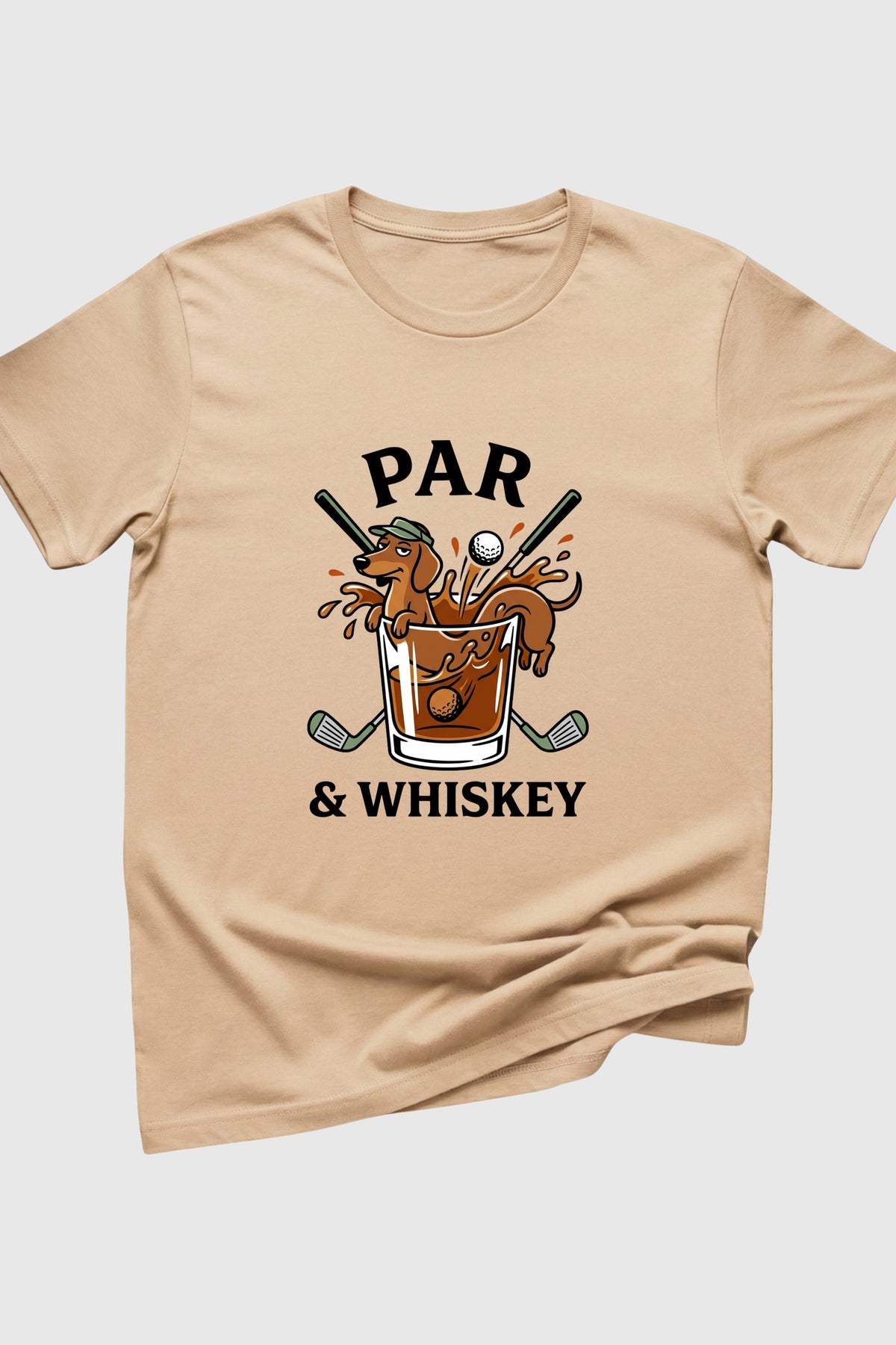 Heather gray t-shirt with dachshund golf par and whiskey print, unisex crew neck