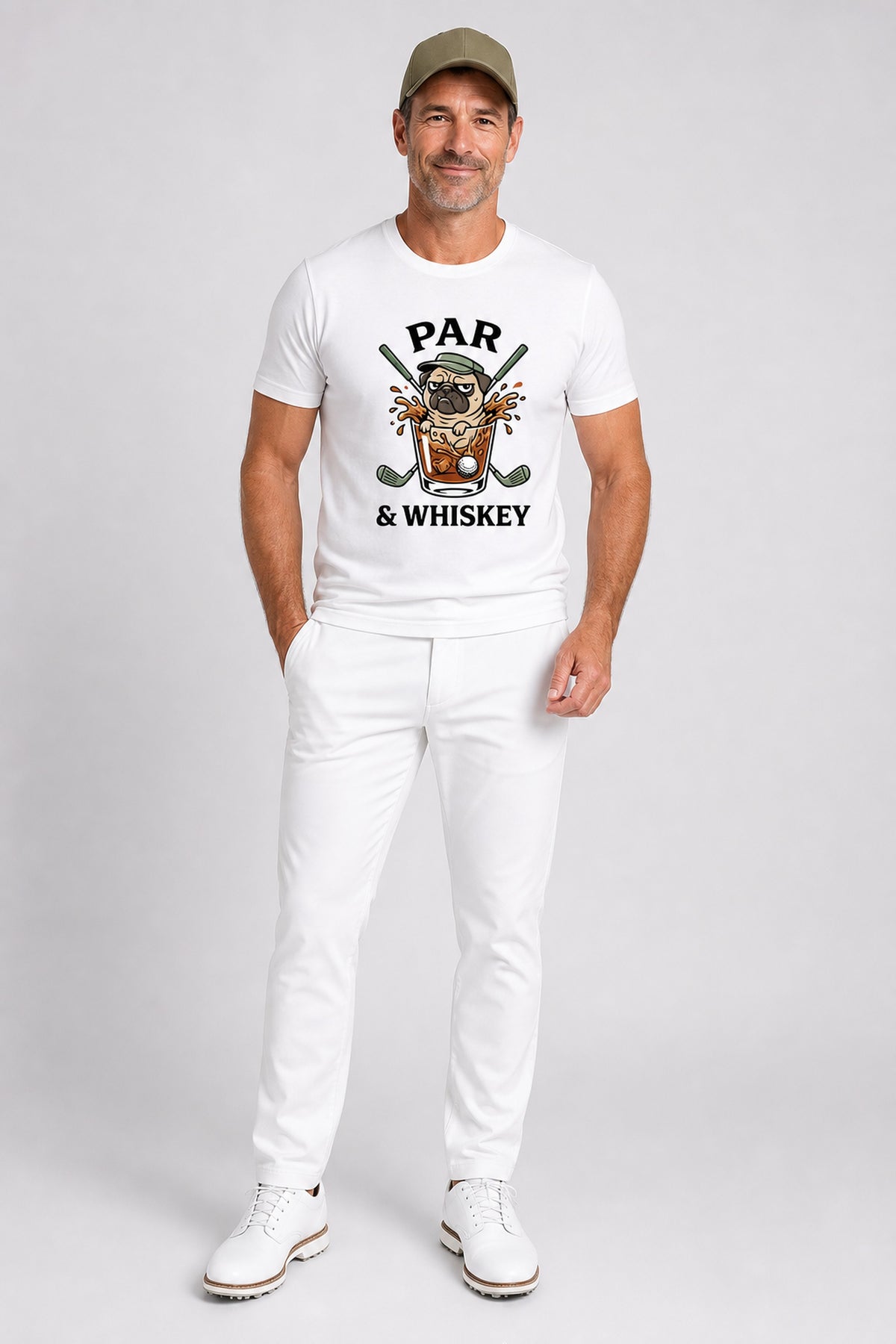 White t-shirt with pug golf par and whiskey print, unisex crew neck